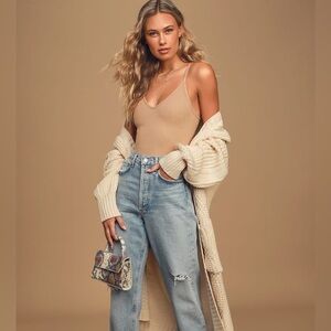 Lulus Nude Ribbed V-Neck Cami Bodysuit size small great condition